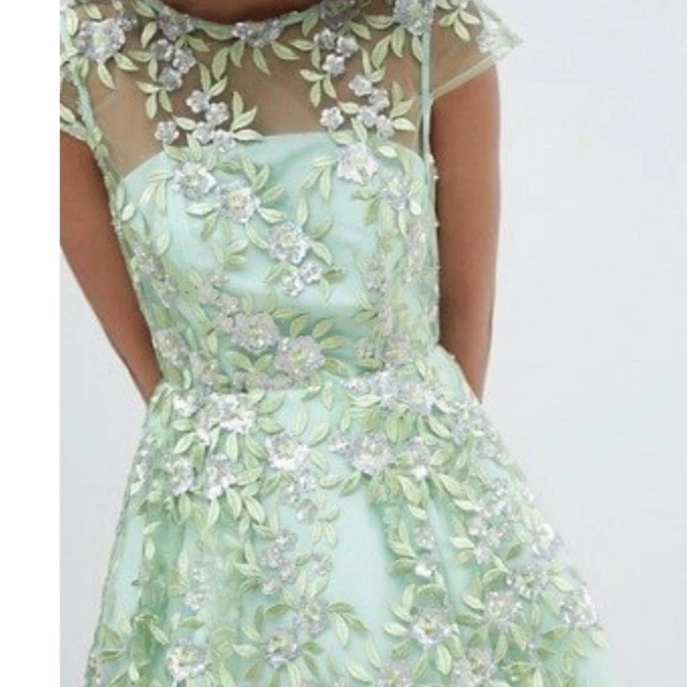 ASOS Edition Silver Sequin Mint Green Dress with Floral Details Size 4